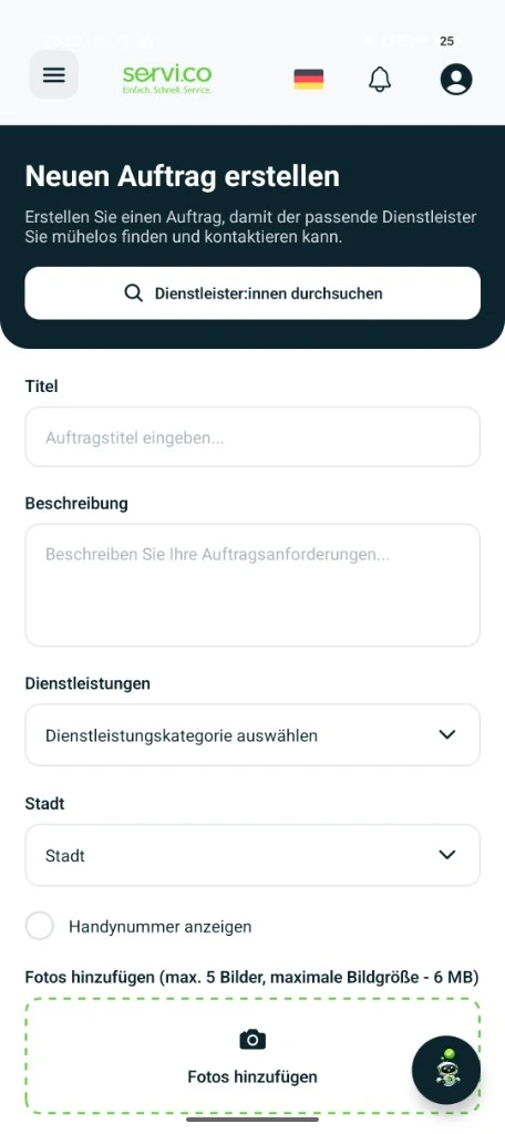milles Android app: create a new job with category, city, and photos.