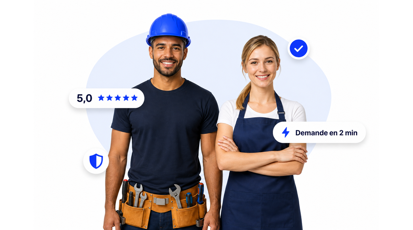 Three independent service providers — a cleaner, an electrician, and a painter — smiling with their tools