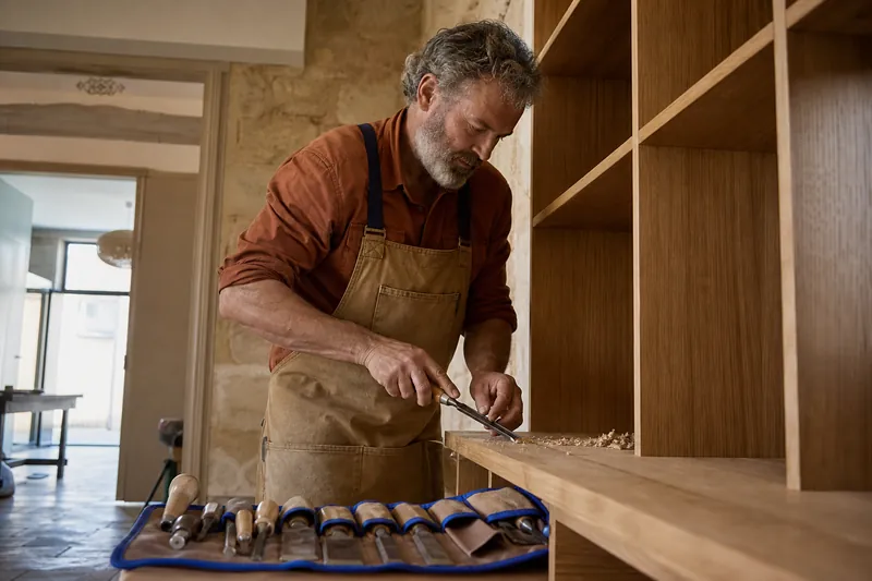 Carpenter assembling furniture with a power drill