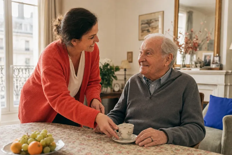 Care assistant supporting an elderly person at home in France