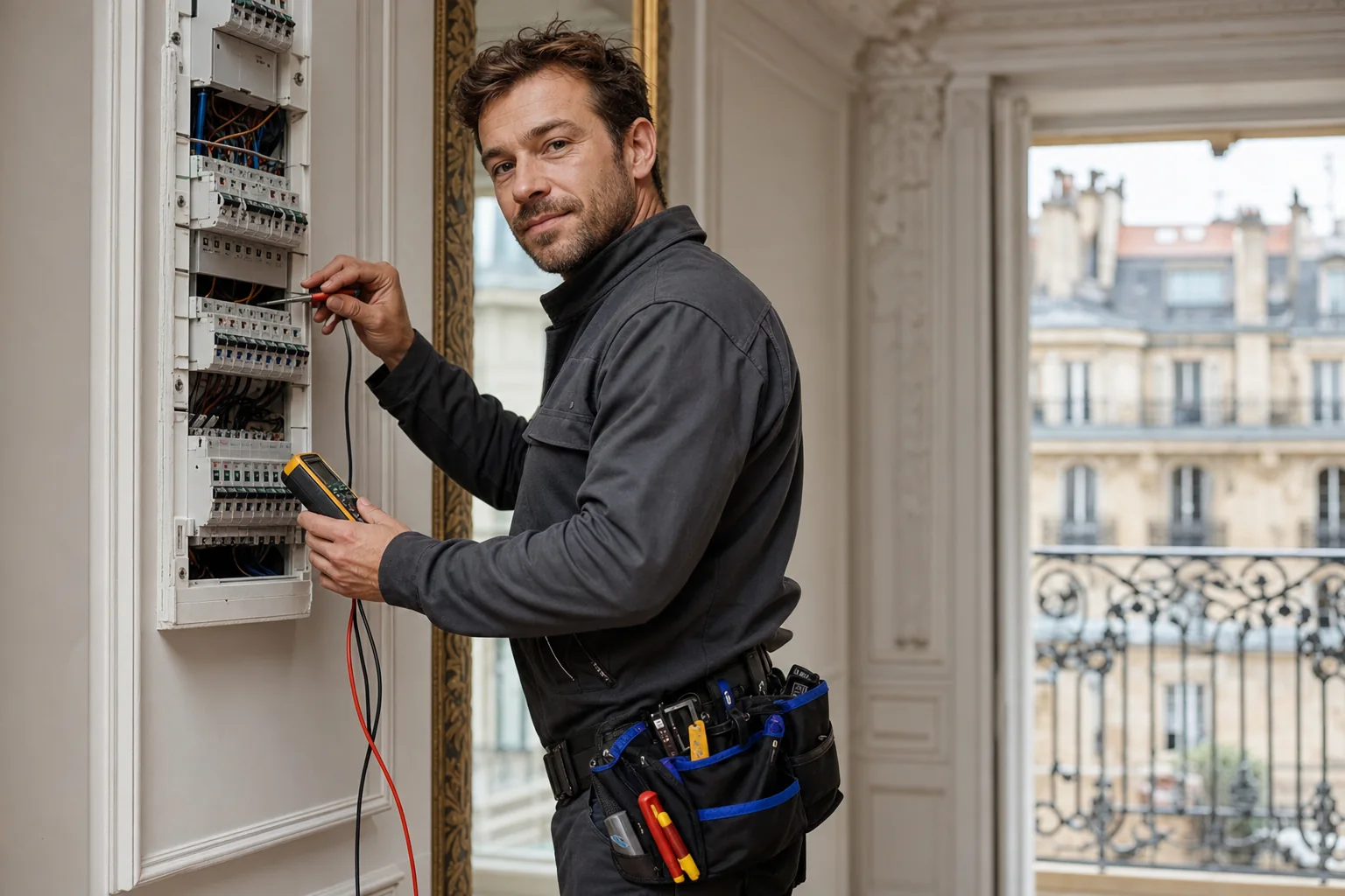 Electrician inspecting a fuse box in a French apartment