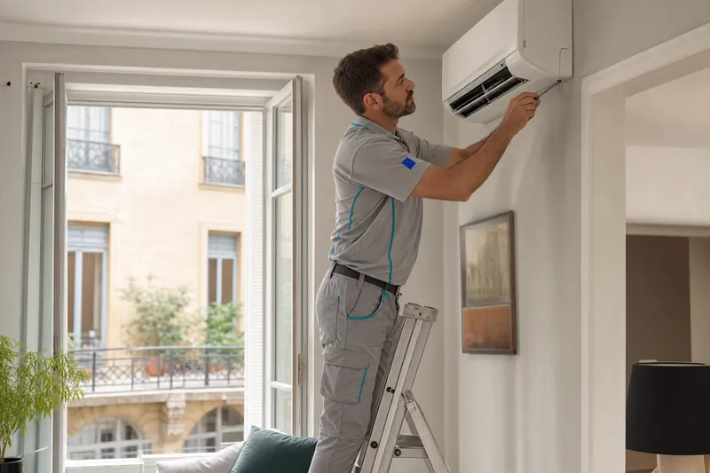 Technician servicing a heating unit in a French home