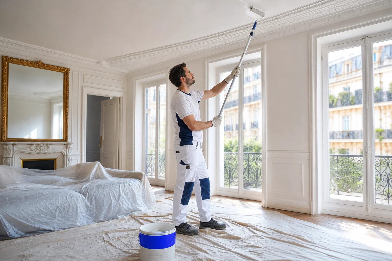Painter applying fresh coat to a ceiling with crown molding in France