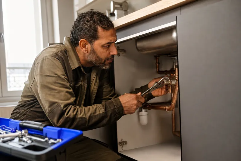 Plumber repairing pipes under a kitchen sink in France
