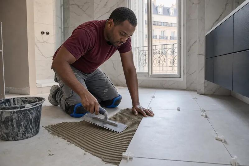 Tiler installing ceramic wall tiles in a bathroom renovation